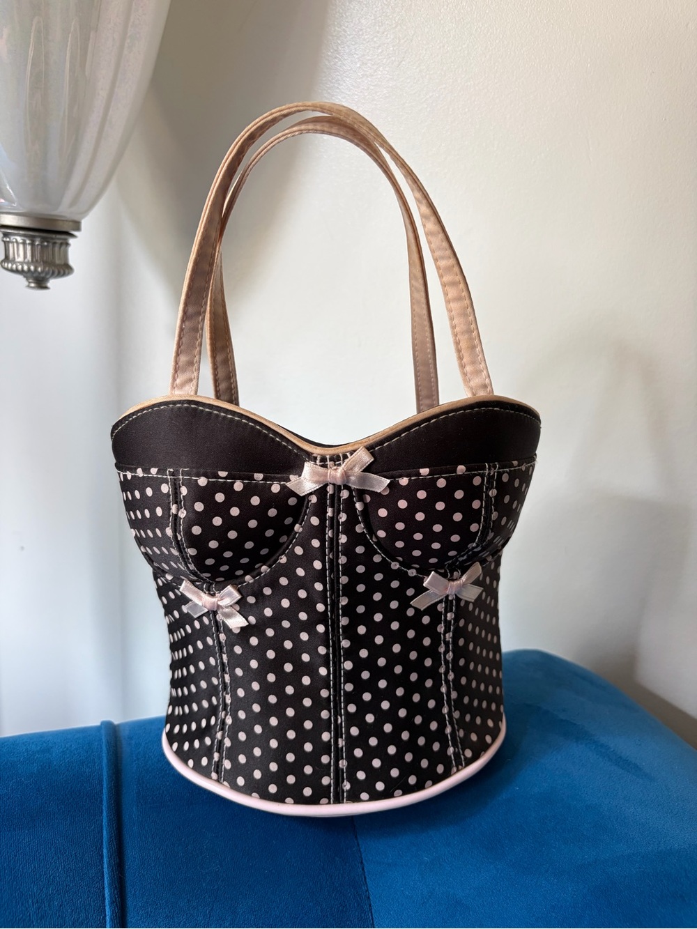Polka Dot Structured Bustier Tote Bag in Black and Pink